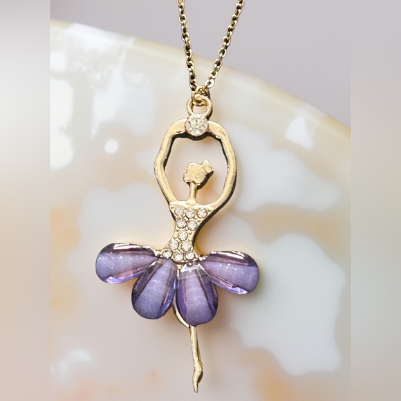 Ballerina Pendant Necklace – Gold Tone Crystal Ballet Dancer – Amethyst Dream - Picture 8 of 10